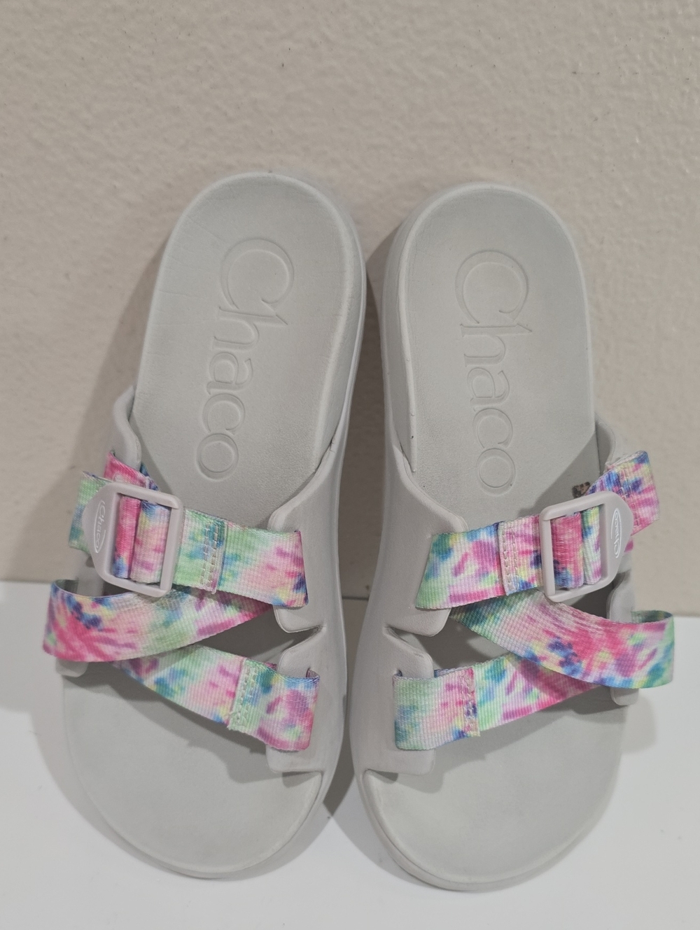 Chaco White Footbed Sandals with Pastel Tie-Dye Straps